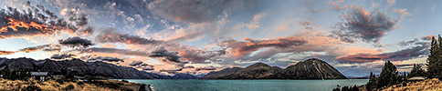 New Zealand, Southern Alps, Lake Ohau sunset panorama